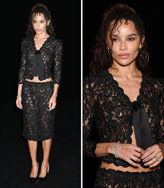 Zoe Kravitz wearing a black lace top and skirt set at the 2026 Paris Fashion Week.