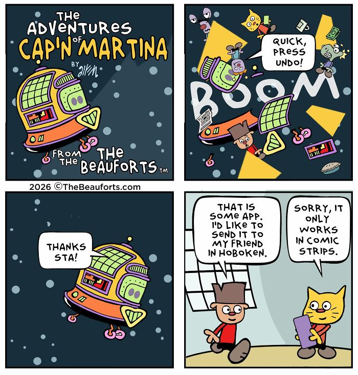 Funny space comic panel showing cartoon characters pressing undo in a colorful sci-fi spaceship scene. Funny space comic panel showing cartoon characters pressing undo in a colorful sci-fi spaceship scene.
