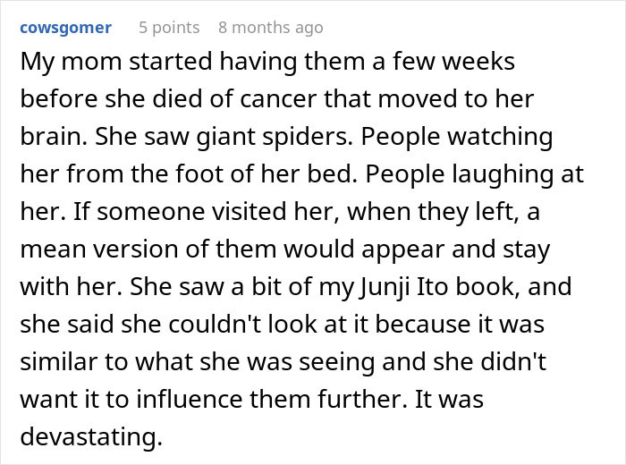 Screenshot of an online comment detailing terrifying end-of-life conversations and hallucinations before passing away. Screenshot of an online comment detailing terrifying end-of-life conversations and hallucinations before passing away.