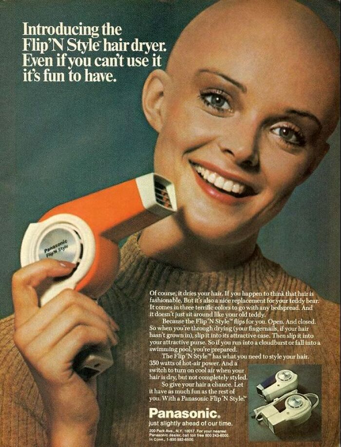 Vintage ad for Panasonic Flip N Style hair dryer with woman holding device