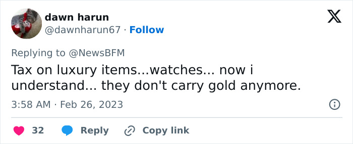 Tweet explaining tax on luxury items like watches related to family crime Tweet explaining tax on luxury items like watches related to family crime