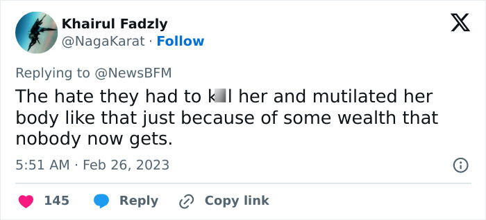 Tweet discussing hate and mutilation related to wealth after divorce Tweet discussing hate and mutilation related to wealth after divorce