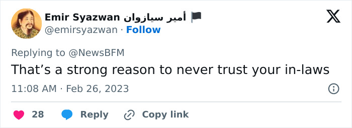 Tweet warning never to trust your in-laws in family conflicts Tweet warning never to trust your in-laws in family conflicts