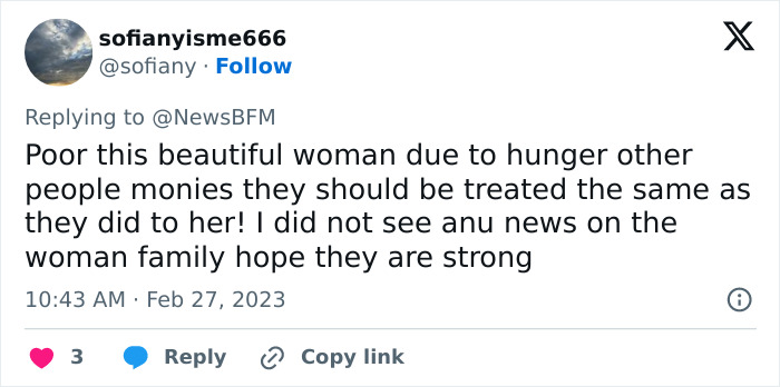 Tweet expressing sympathy for woman and calling for equal treatment after horrific family plan Tweet expressing sympathy for woman and calling for equal treatment after horrific family plan