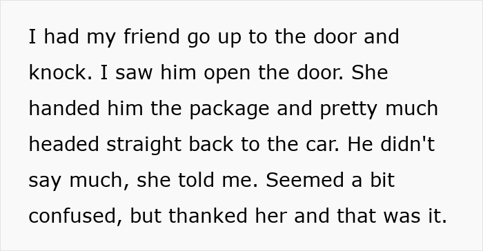 Black text describing a friend delivering a package containing a family heirloom to an ex-husband's door. Black text describing a friend delivering a package containing a family heirloom to an ex-husband's door.