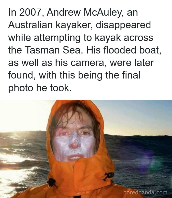 Andrew McAuley final photo before disappearing, highlighting creepy facts and news stories from his sea voyage.