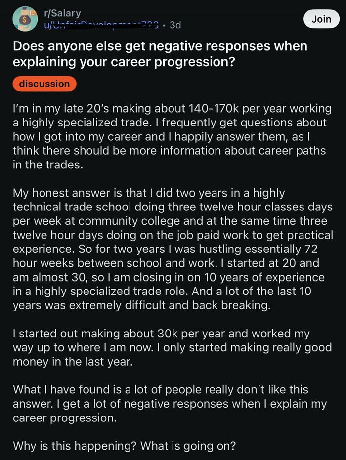 Reddit discussion about negative responses when explaining career progression in specialized trades