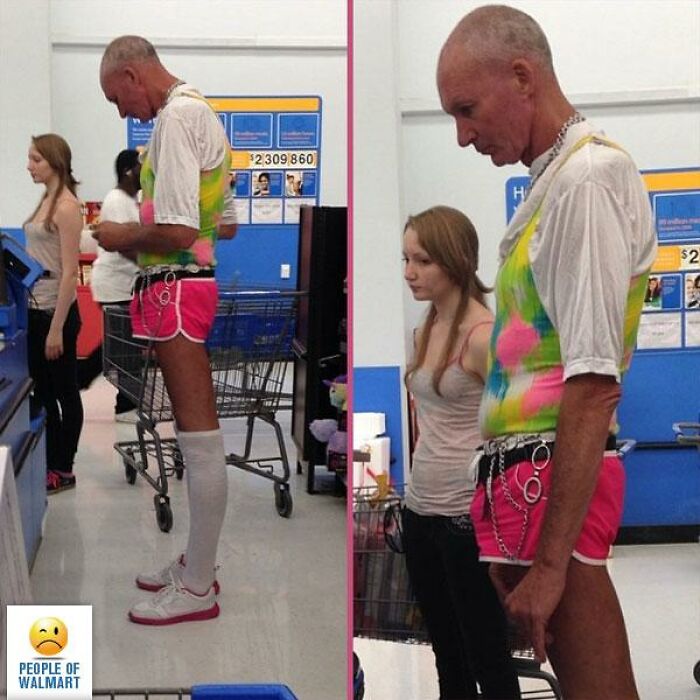 Man in colorful tank top and pink shorts standing in Walmart aisle