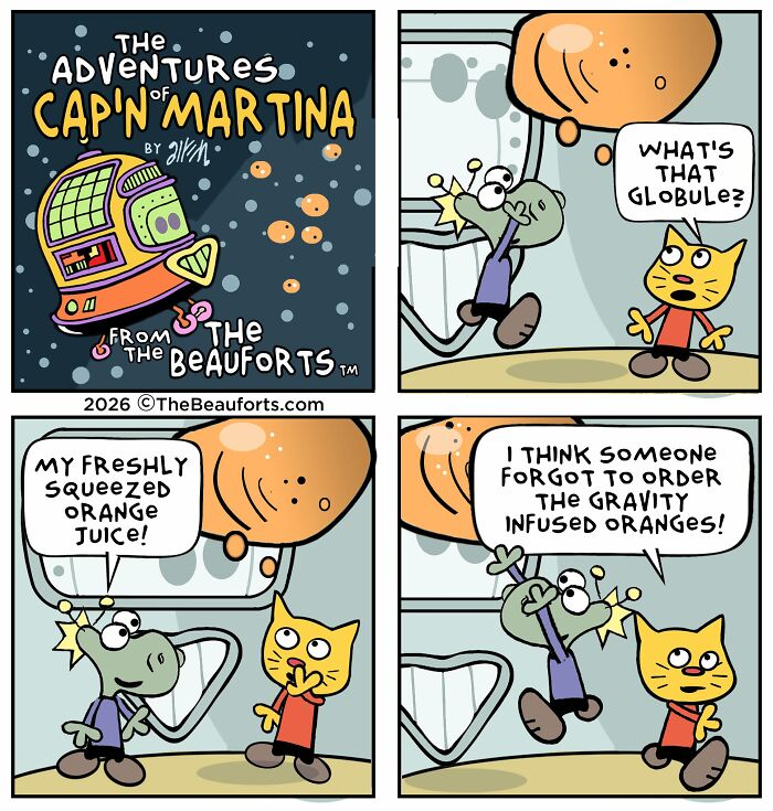 Funny space comic about zero gravity orange juice floating inside a colorful spaceship. Funny space comic about zero gravity orange juice floating inside a colorful spaceship.