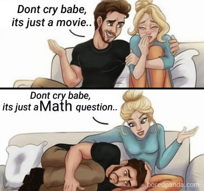 An amusing physics posts meme showing a man crying on the couch over a tough math question.