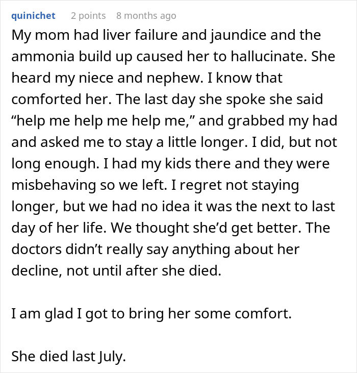 A text screenshot about end-of-life conversations describing a mother hallucinating her family members during her final days. A text screenshot about end-of-life conversations describing a mother hallucinating her family members during her final days.