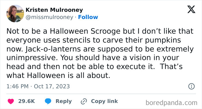 Tweet expressing humor about carving pumpkins during spooky season
