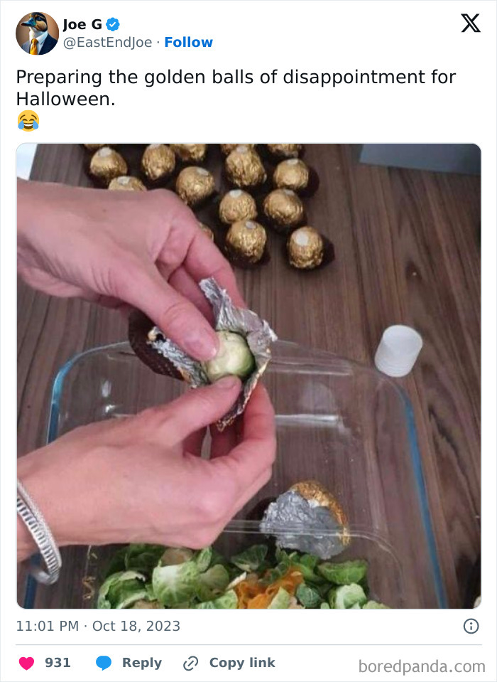 A post by Joe G showing Brussels sprouts being wrapped in gold foil as a prank, featured in Halloween Tweets.