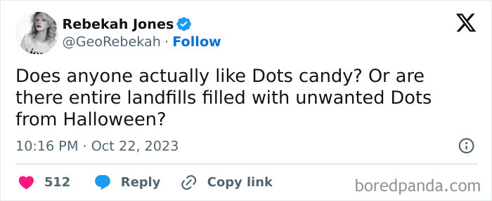 Relatable tweet asking if anyone actually likes Dots candy for Halloween.