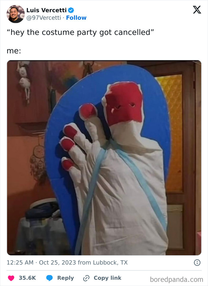 Humorous post showcasing a person wearing a homemade flip-flop costume for Halloween.