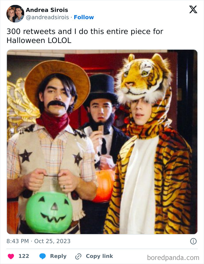Three young men dressed in Halloween costumes including a tiger suit and cowboy outfit.