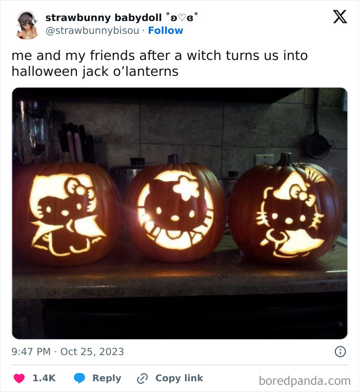 Three Hello Kitty carved jack o lanterns glowing warmly on a counter.