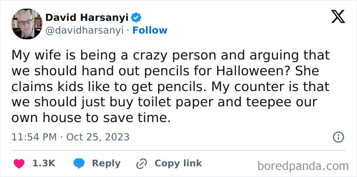 A funny tweet by David Harsanyi about handing out pencils on Halloween tweets.