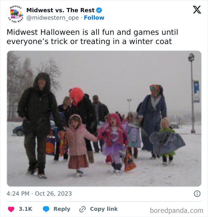 Relatable Halloween tweets joke about Midwest kids wearing winter coats over trick or treat costumes in snow.