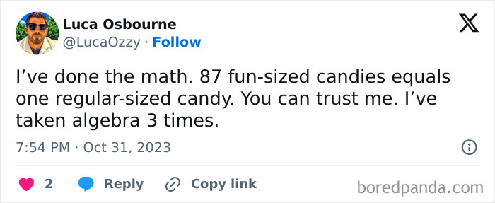 A funny post from a social media user sharing hilarious Halloween tweets about fun-sized candy math.
