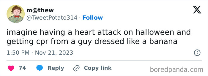 Funny tweet about getting CPR from someone in a banana costume on Halloween during spooky season.