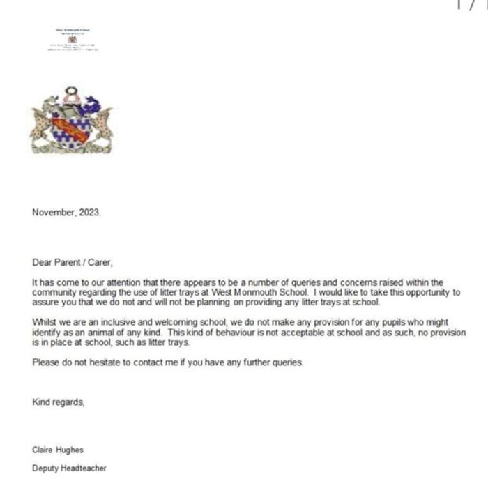 Official school letter addressing concerns about kids identifying as cats and using litterboxes Official school letter addressing concerns about kids identifying as cats and using litterboxes
