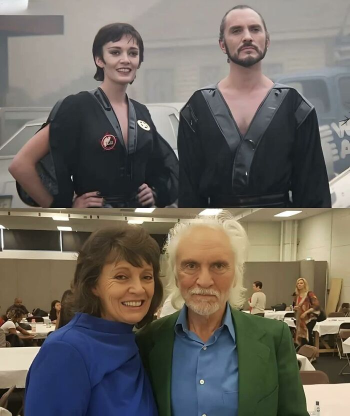 Actors Sarah Douglas and Terence Stamp in nostalgic photos showing then and now comparisons for 80s kids