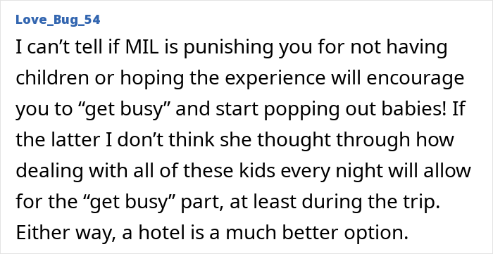 A online comment questioning if MIL is punishing the child-free couple or trying to encourage them to have kids. A online comment questioning if MIL is punishing the child-free couple or trying to encourage them to have kids.