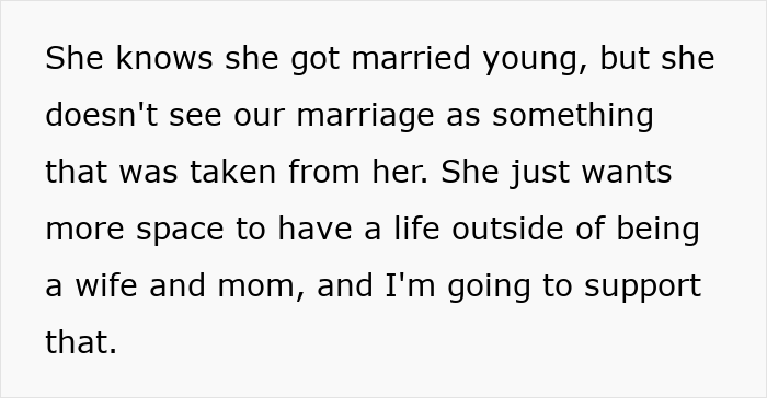 Text passage discussing early marriage and supporting a partner’s life outside family roles.