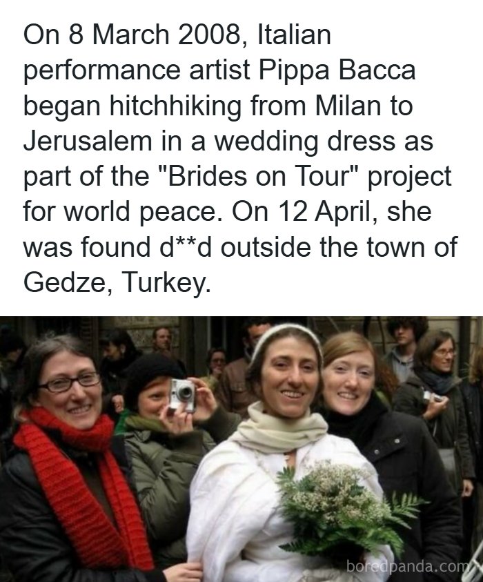 Pippa Bacca in a wedding dress, illustrating creepy facts and news stories of her tragic hitchhiking journey.