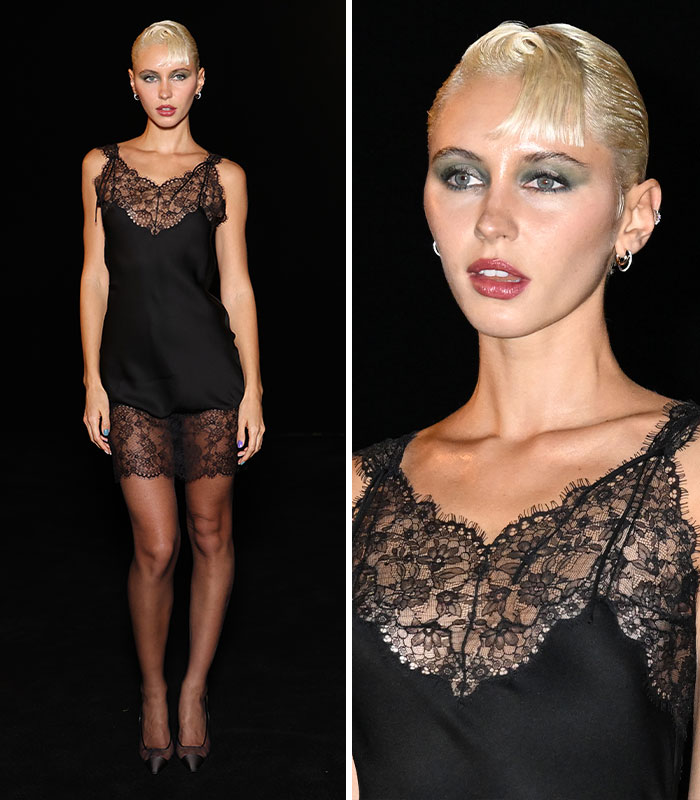 Iris Law wearing a black satin and lace slip dress at the 2026 Paris Fashion Week.