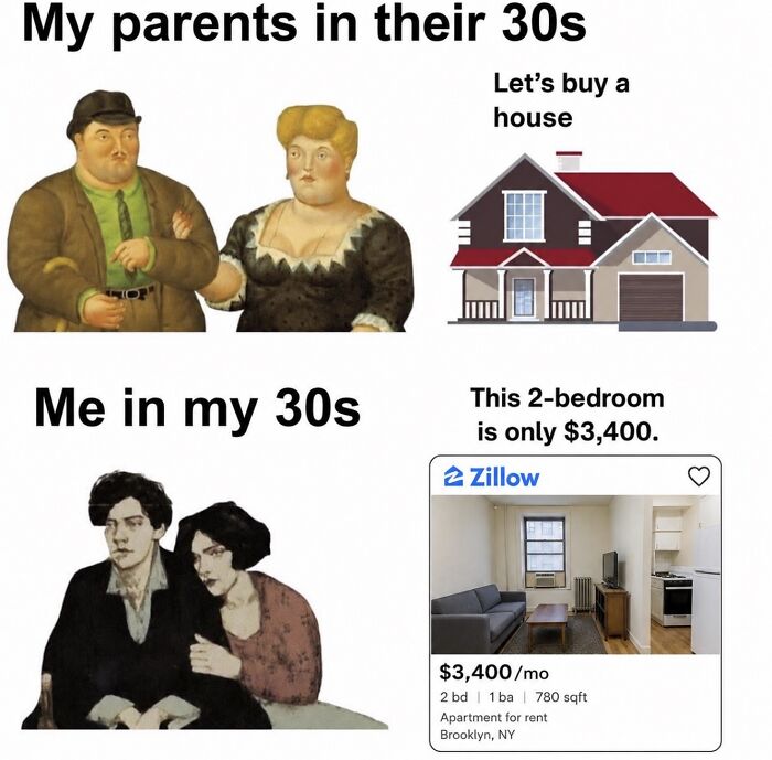 Contrast between parents buying a house in their 30s and affordable 2-bedroom apartment renting today
