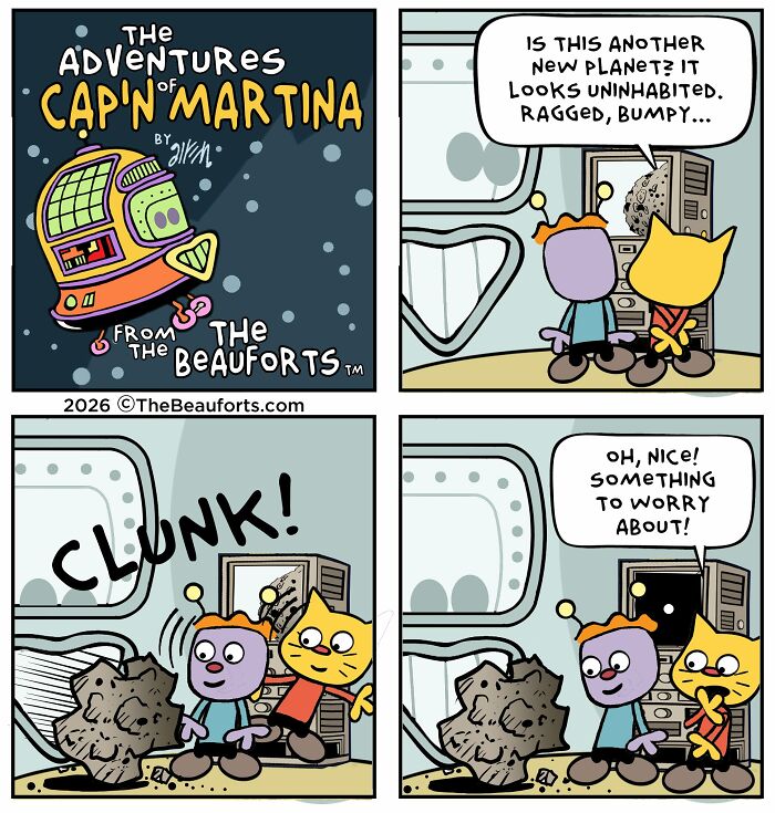 Funny space comic featuring cartoon astronauts investigating a mysterious space rock hitting their ship. Funny space comic featuring cartoon astronauts investigating a mysterious space rock hitting their ship.