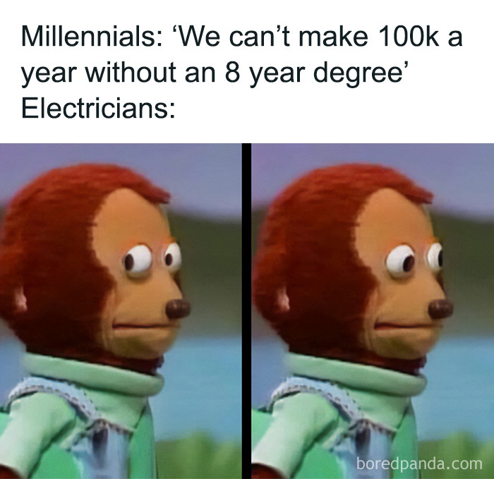 Construction fails meme with side-eye monkey puppet reacting to electrician salary jokes.