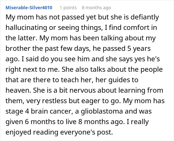 A online comment sharing end-of-life conversations about a mother seeing loved ones and guides before passing. A online comment sharing end-of-life conversations about a mother seeing loved ones and guides before passing.