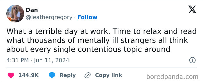 A social media post about winding down after a bad day, featured in relatable work tweets.