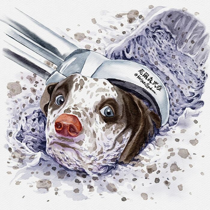 Watercolor illustration by Nelson Syndrome featuring a dog peeking out from the snow
