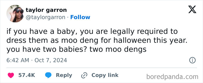 A funny tweet about dressing babies as Moo Deng for Halloween, perfect for relatable Halloween tweets.