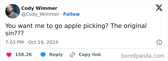 Relatable Halloween tweet joking about the concept of going apple picking.