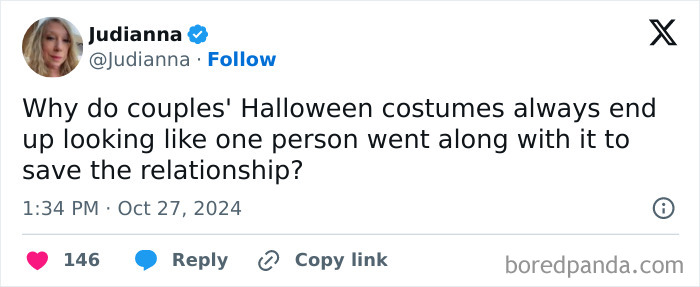 A social media post questioning couples Halloween costumes, featured in relatable Halloween Tweets.