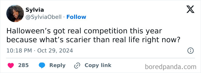 A tweet joking that real life is scarier than Halloween, highlighted in hilarious and relatable Halloween tweets.