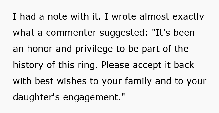 Text image detailing a note sent with a family heirloom ring to an ex-husband's family. Text image detailing a note sent with a family heirloom ring to an ex-husband's family.