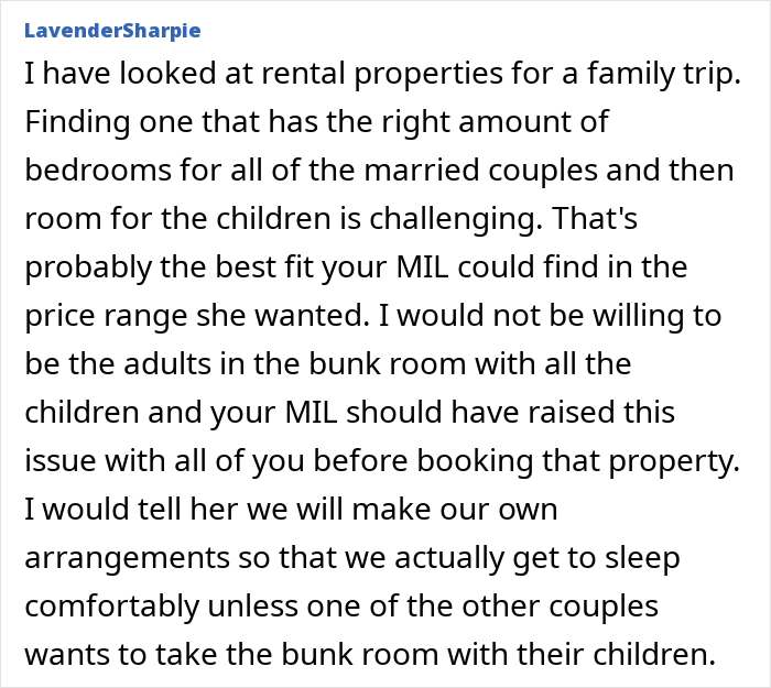 A comment suggesting the child-free couple make their own lodging plans rather than paying $600 for a bunk room. A comment suggesting the child-free couple make their own lodging plans rather than paying $600 for a bunk room.