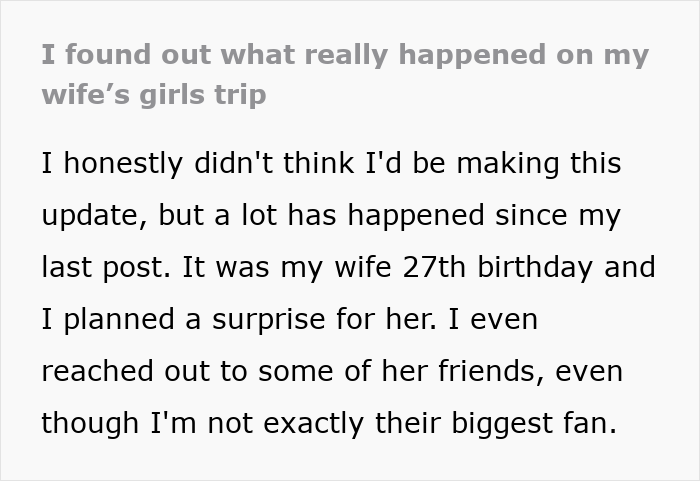 A social media post updating readers after a woman's girls' trip and birthday surprise.