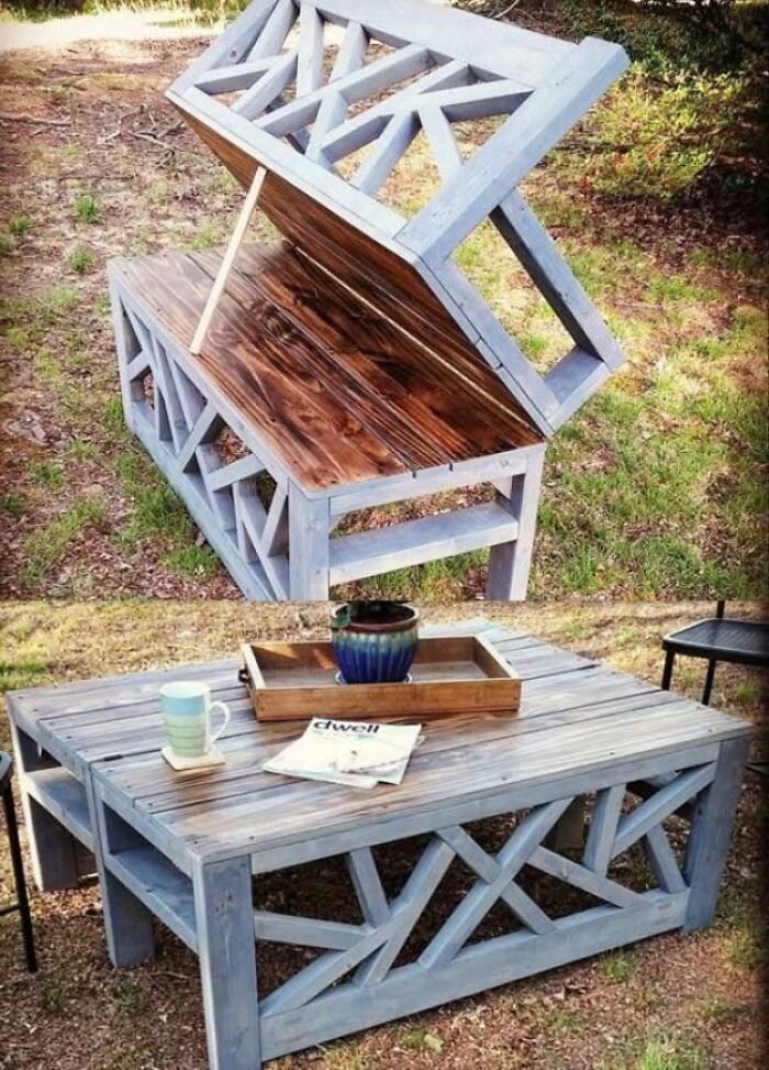 Clever wooden creations showing a bench that transforms into a coffee table.