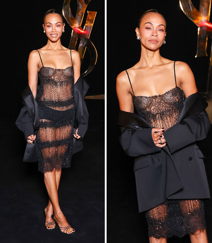 Zoe Kravitz in a sheer black lace ensemble, posing at the 2026 Paris Fashion Week event.