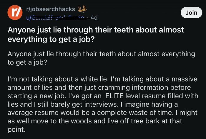 Reddit post discussing lying extensively to get a job
