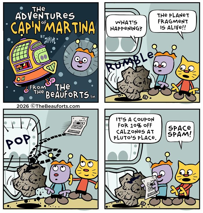 Funny space comic showing a space rock popping open to reveal space spam coupons. Funny space comic showing a space rock popping open to reveal space spam coupons.