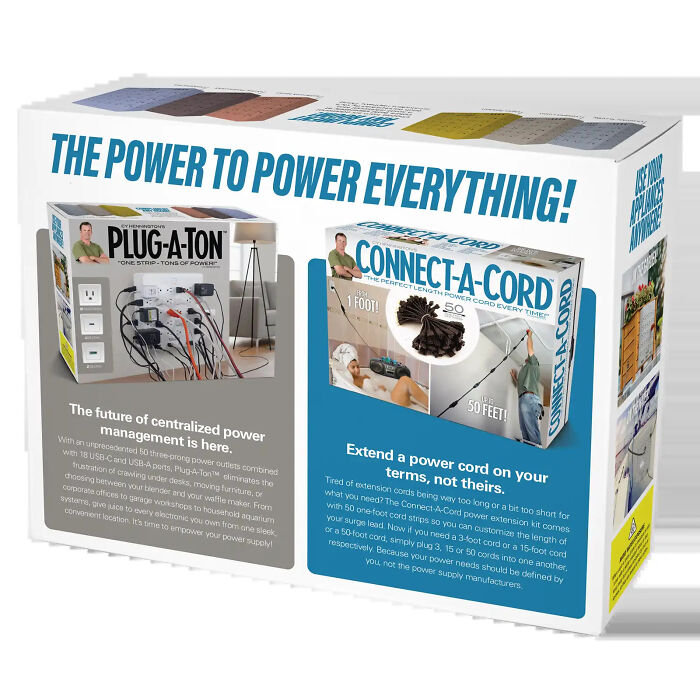Back of hilarious gift box packaging featuring fake Plug-A-Ton and Connect-A-Cord products Back of hilarious gift box packaging featuring fake Plug-A-Ton and Connect-A-Cord products