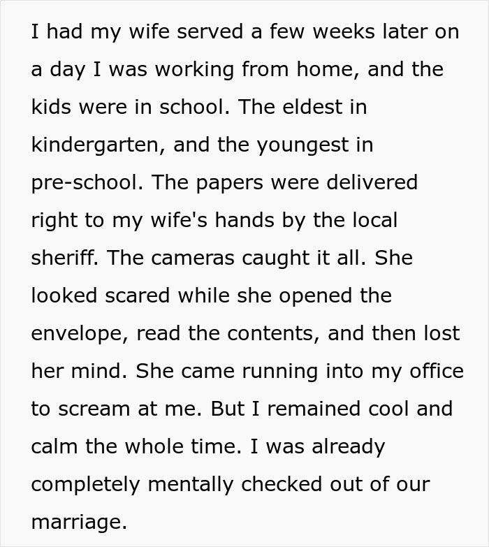 Text post describing how the wife was served divorce papers after her secret affair was revealed. Text post describing how the wife was served divorce papers after her secret affair was revealed.